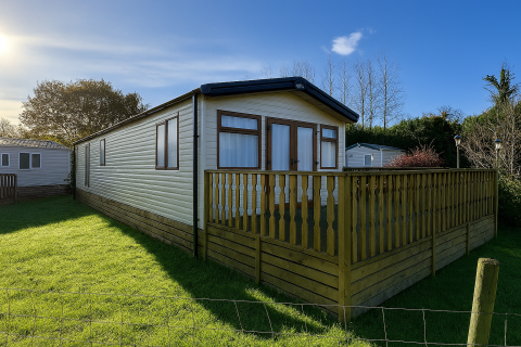 Outside View of a Caravan Holiday Home with a Decking.