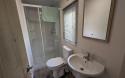 Interior of Bathroom with shower, toilet and sink. 